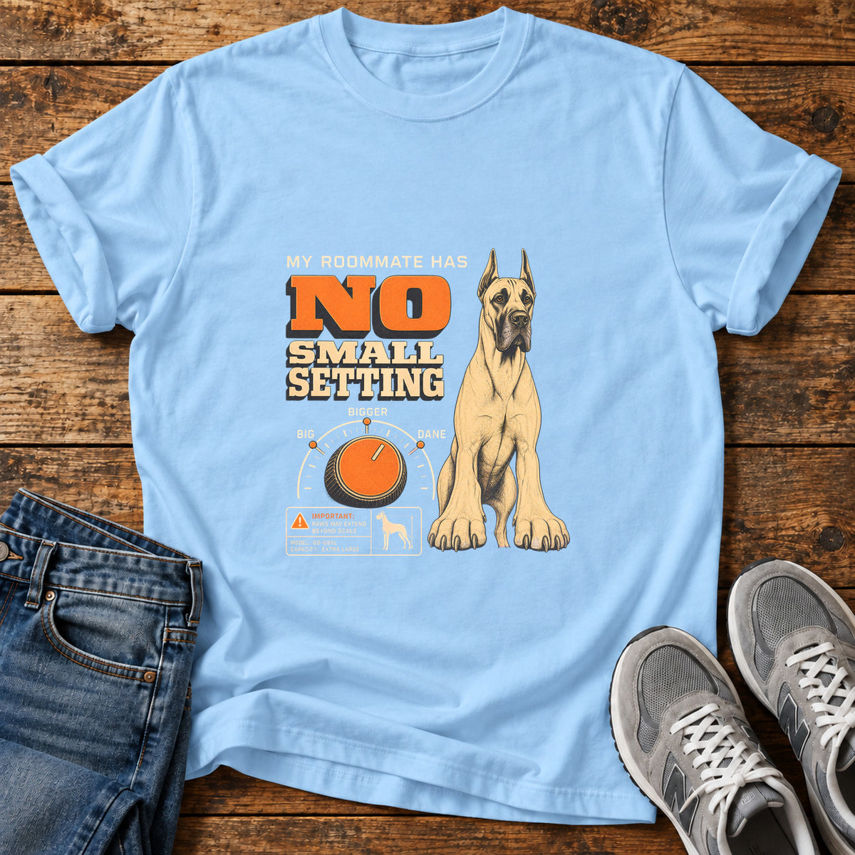 No Small Setting Great Dane graphic T-shirt in Light Blue, shown on a flat-lay shirt mockup