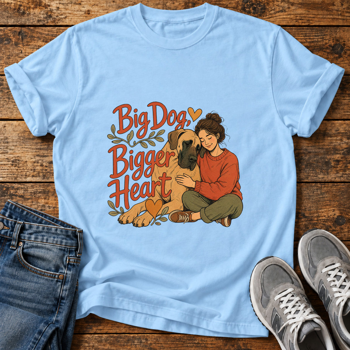 Big Dog Love Great Dane graphic T-shirt in Light Blue, shown on a flat-lay shirt mockup