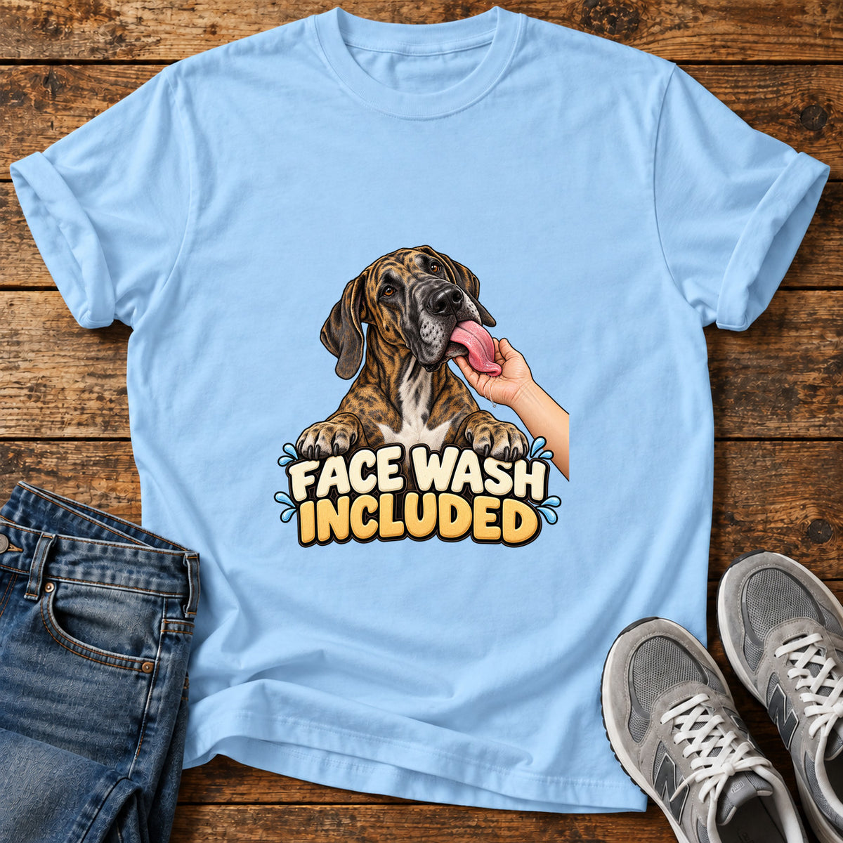 Face Wash Included Great Dane graphic T-shirt in Light Blue, shown on a flat-lay shirt mockup