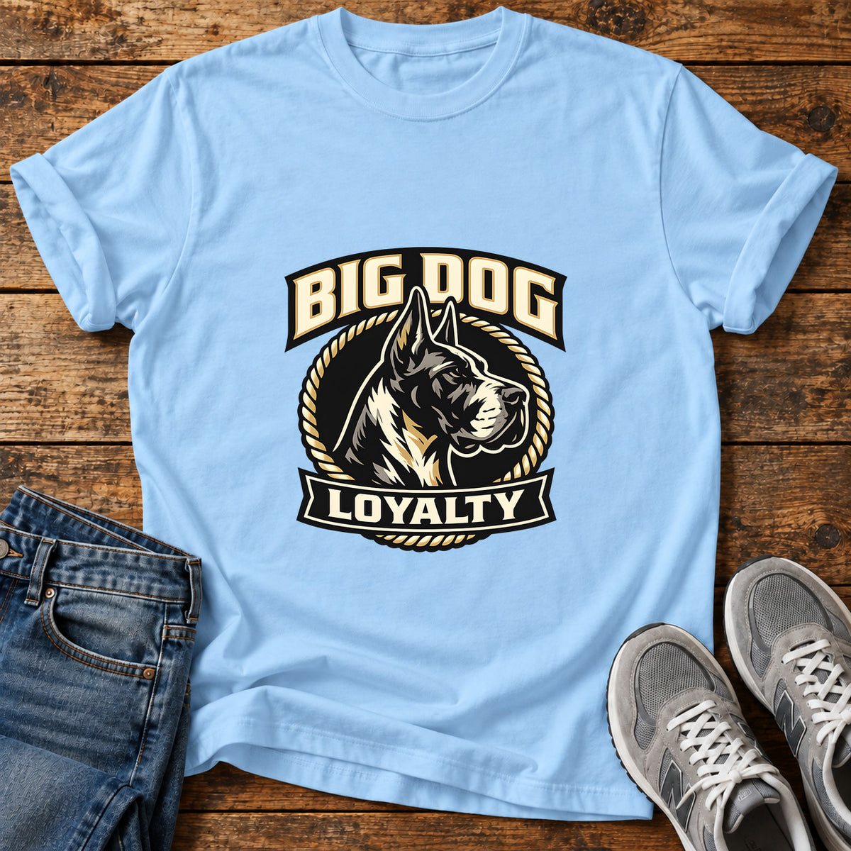 Big Dog Loyalty Great Dane graphic T-shirt in Light Blue, shown on a flat-lay shirt mockup