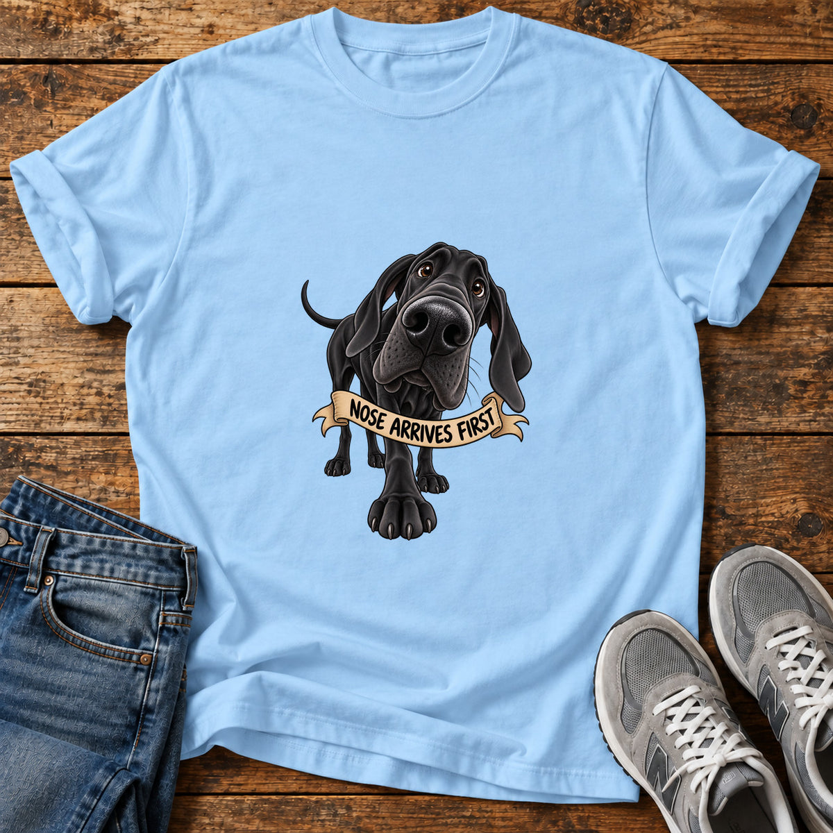 Nose Arrives First Great Dane graphic T-shirt in Light Blue, shown on a flat-lay shirt mockup