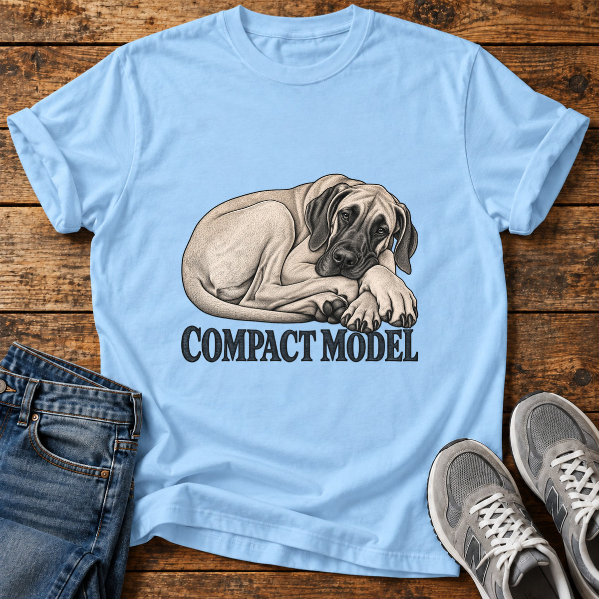 Compact Model Great Dane graphic T-shirt in Light Blue, shown on a flat-lay shirt mockup