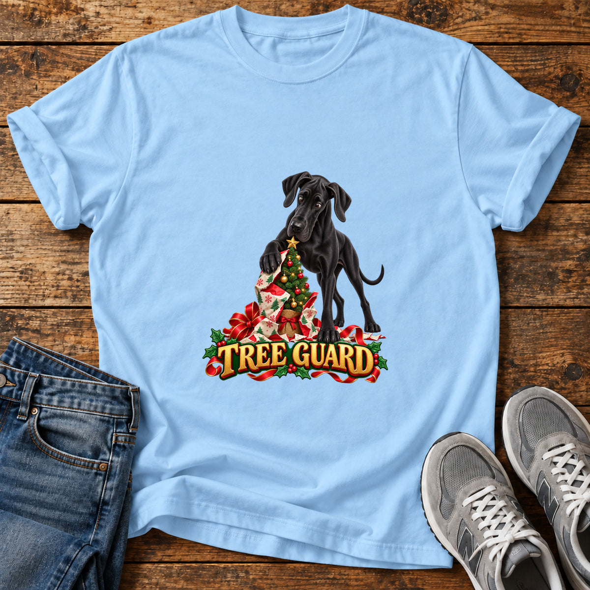 Tree Guard Great Dane graphic T-shirt in Light Blue, shown on a flat-lay shirt mockup