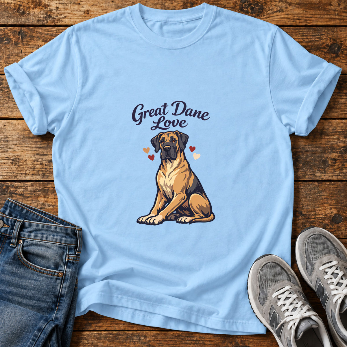 Great Dane Love graphic T-shirt in Light Blue, shown on a flat-lay shirt mockup