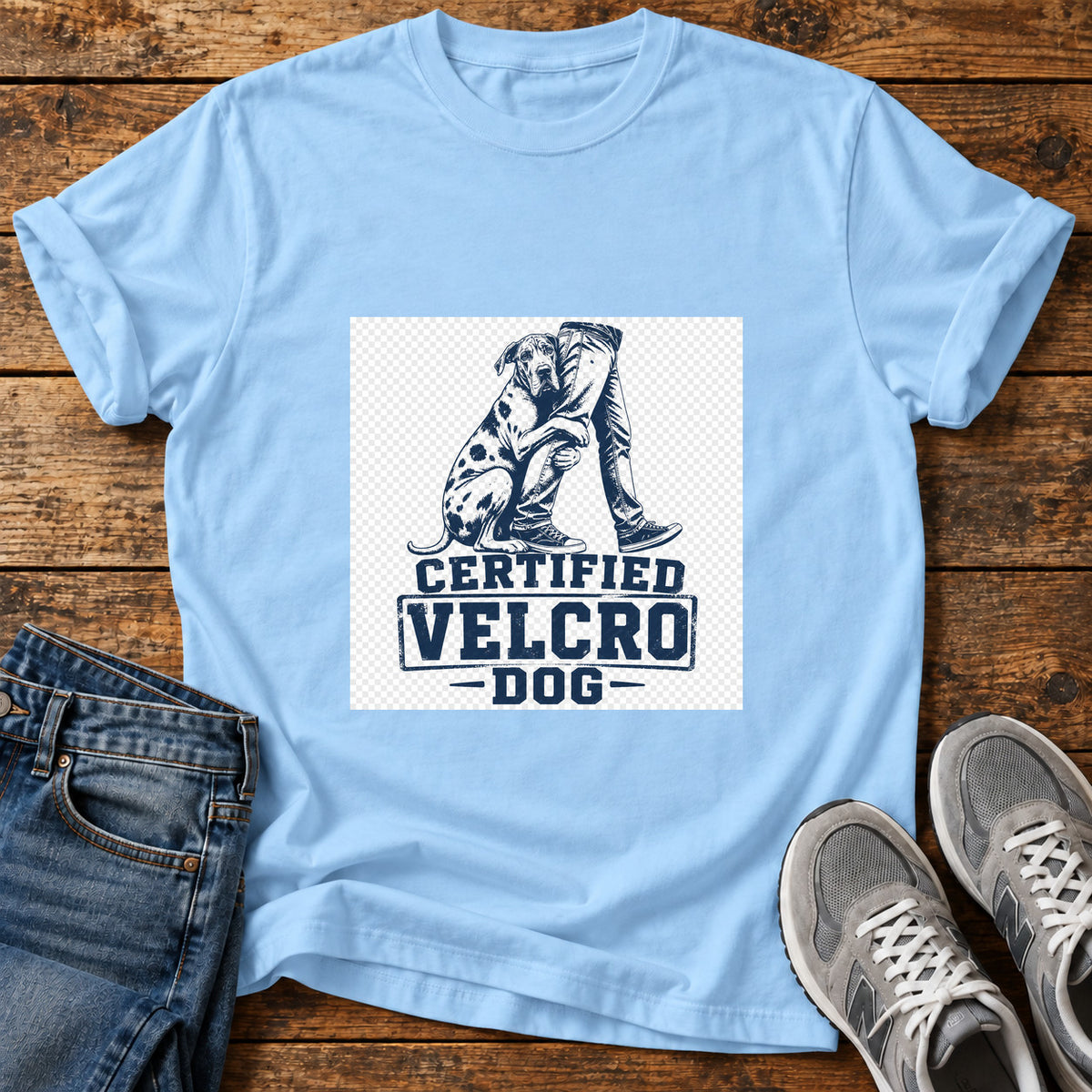 Certified Velcro Dog Great Dane graphic T-shirt in Light Blue, shown on a flat-lay shirt mockup