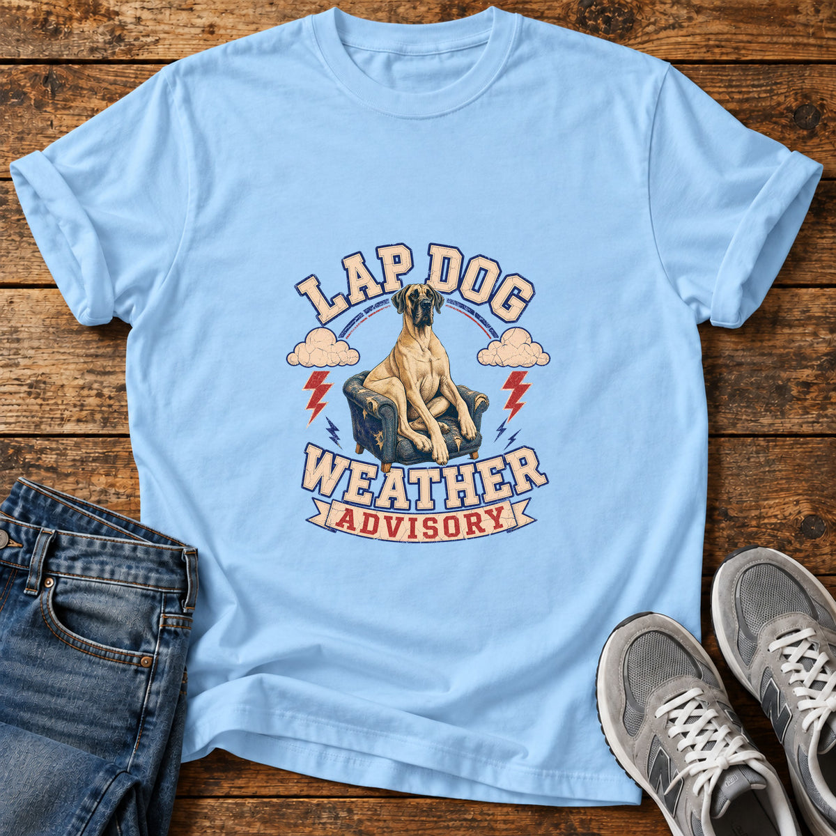 Lap Dog Advisory Great Dane graphic T-shirt in Light Blue, shown on a flat-lay shirt mockup