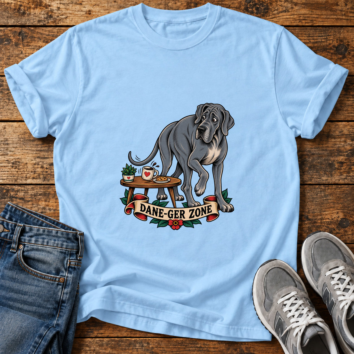 Dane-Ger Zone Great Dane graphic T-shirt in Light Blue, shown on a flat-lay shirt mockup