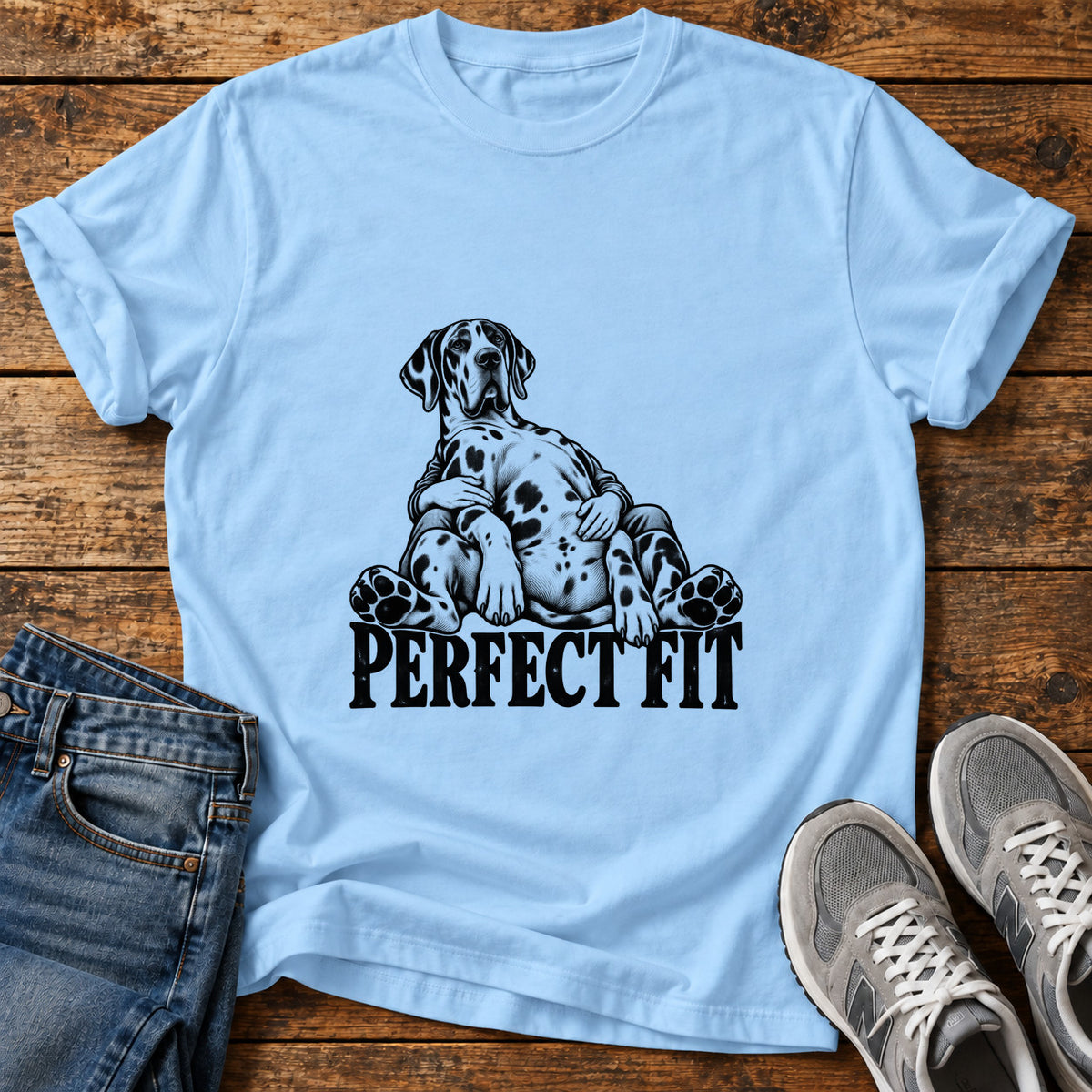 Perfect Fit Great Dane graphic T-shirt in Light Blue, shown on a flat-lay shirt mockup