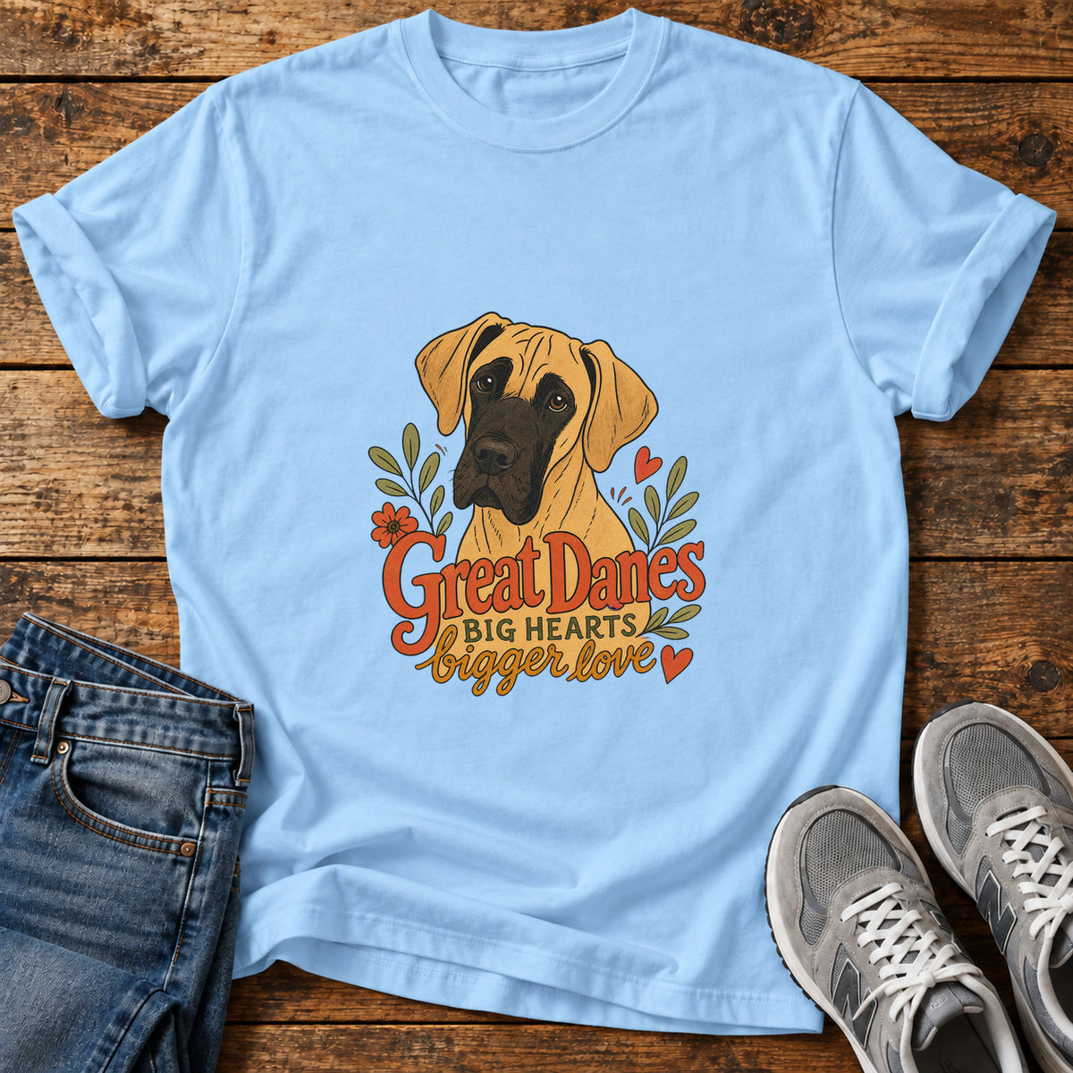 Great Danes Love graphic T-shirt in Light Blue, shown on a flat-lay shirt mockup