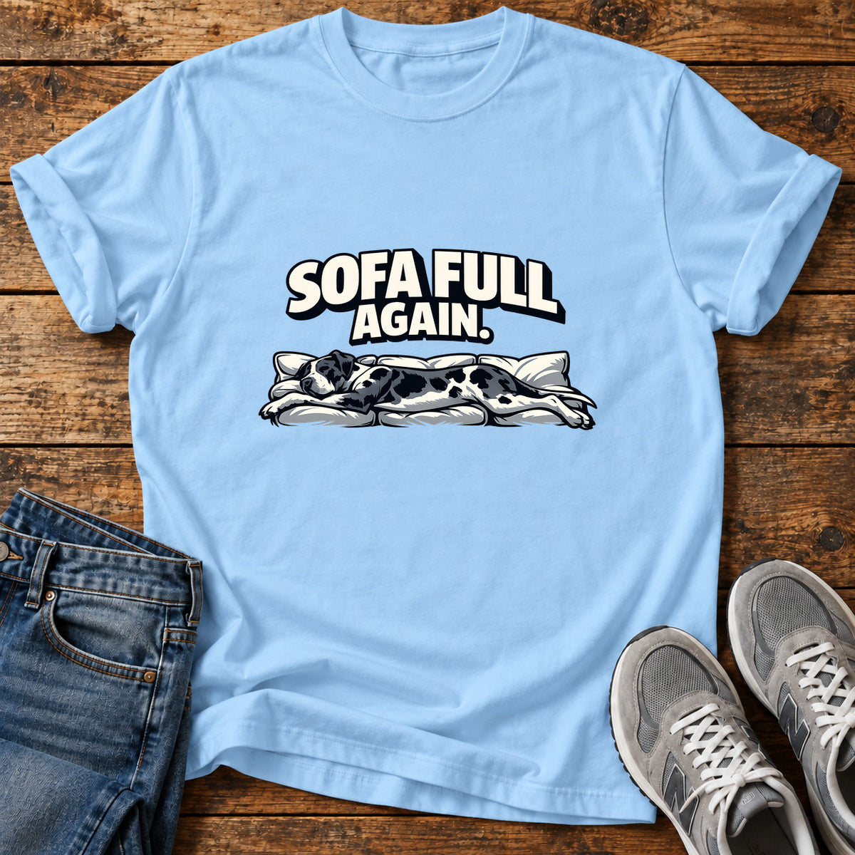 Sofa Full Again Great Dane graphic T-shirt in Light Blue, shown on a flat-lay shirt mockup