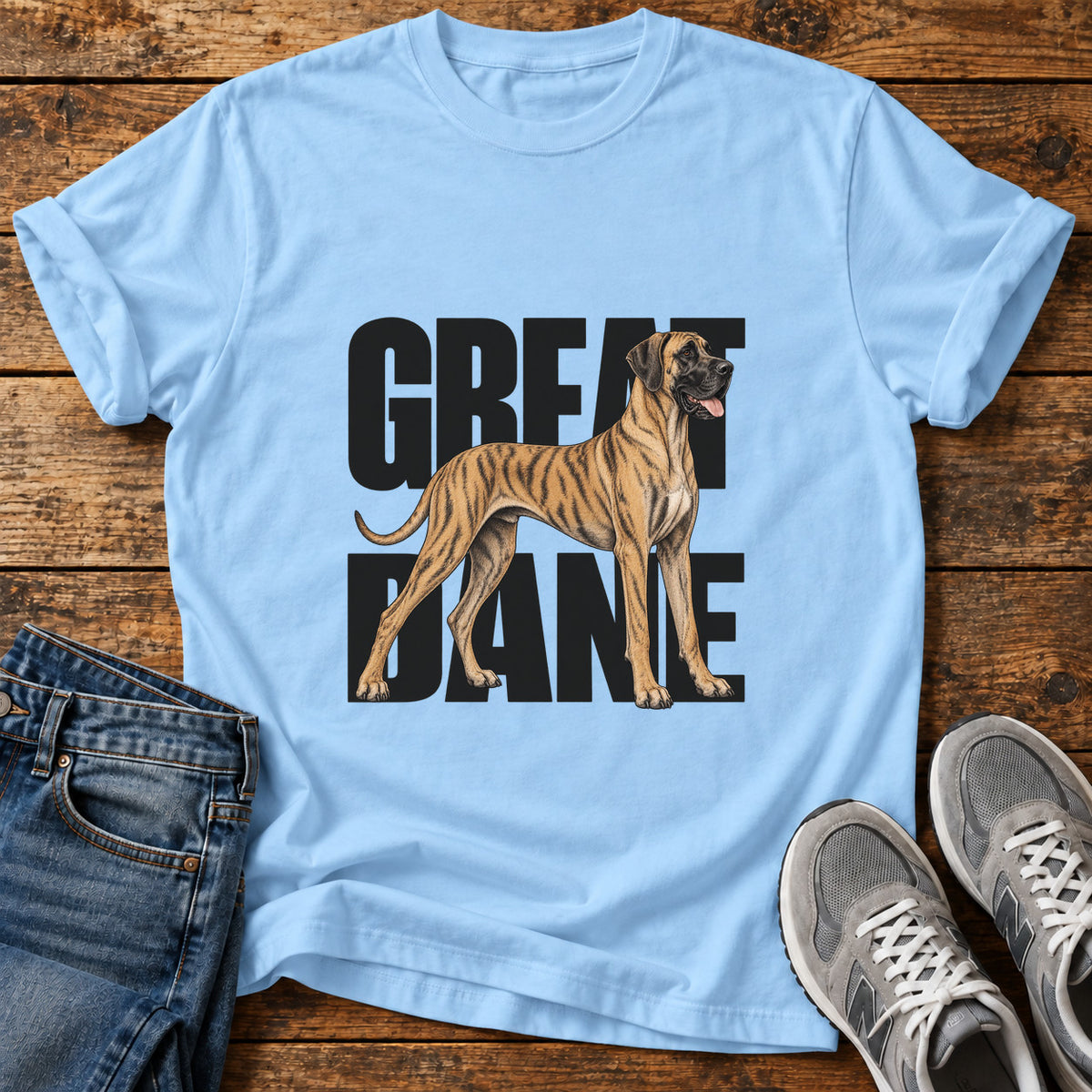 Great Dane graphic T-shirt in Light Blue, shown on a flat-lay shirt mockup