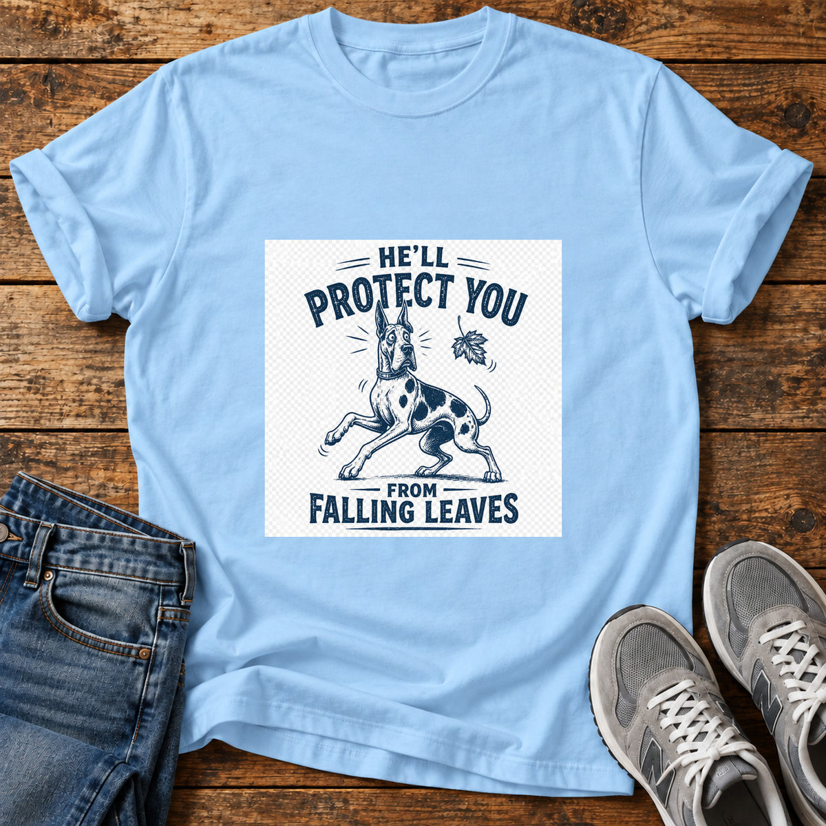 Protective Pooch Great Dane graphic T-shirt in Light Blue, shown on a flat-lay shirt mockup