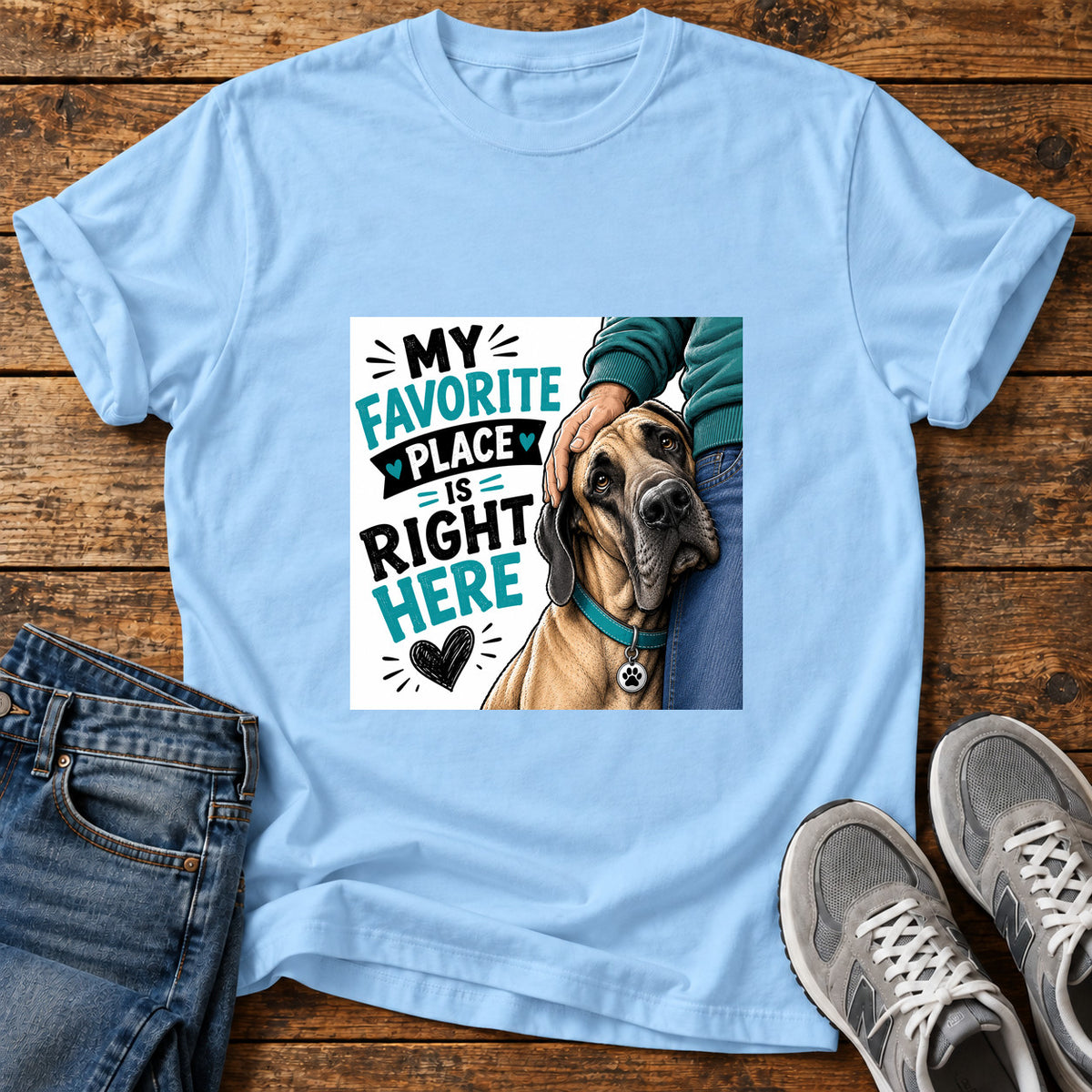 Favorite Place Great Dane graphic T-shirt in Light Blue, shown on a flat-lay shirt mockup