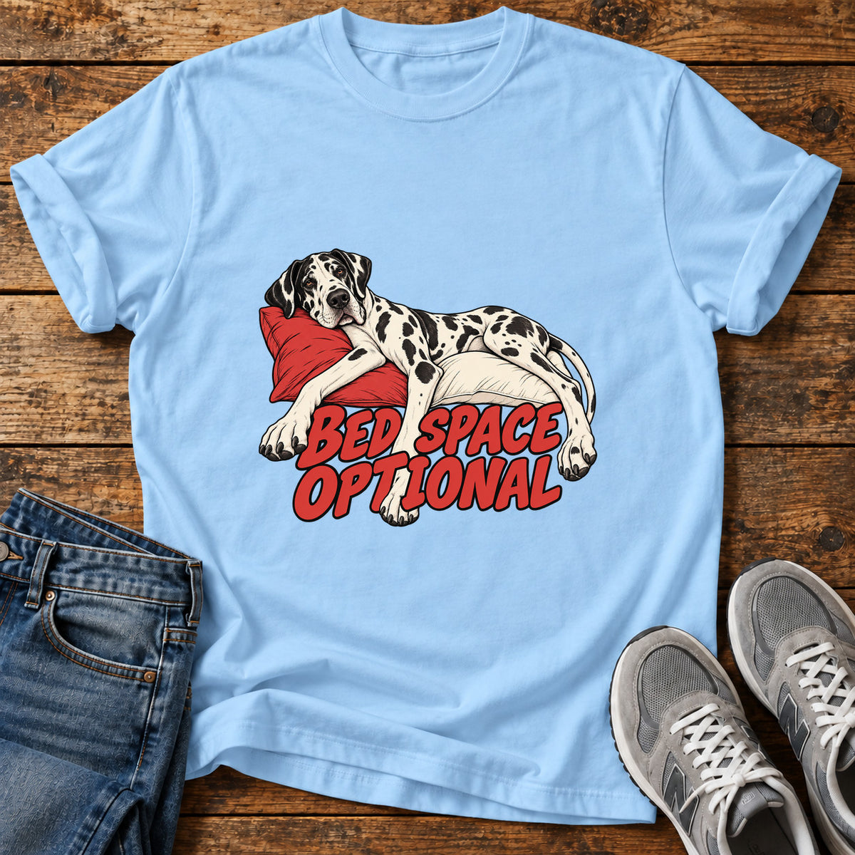 Bed Space Optional Great Dane graphic T-shirt in Light Blue, shown on a flat-lay shirt mockup