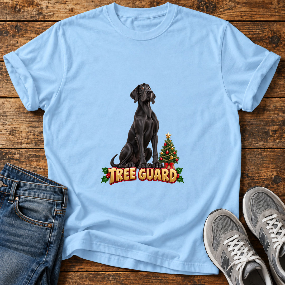 Tree Guard Great Dane graphic T-shirt in Light Blue, shown on a flat-lay shirt mockup