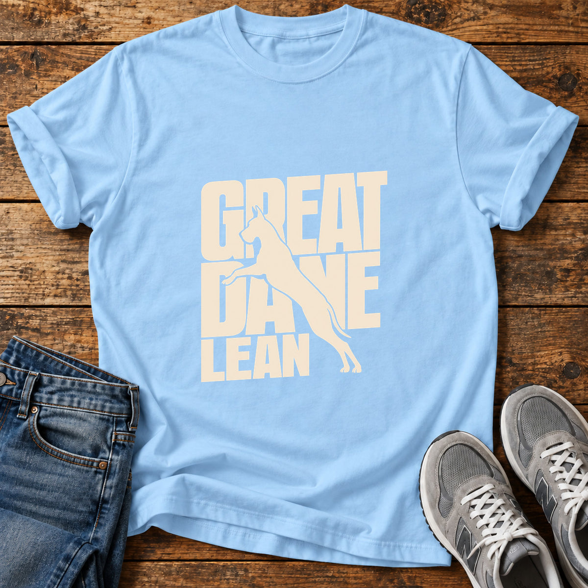 Great Dane Lean graphic T-shirt in Light Blue, shown on a flat-lay shirt mockup