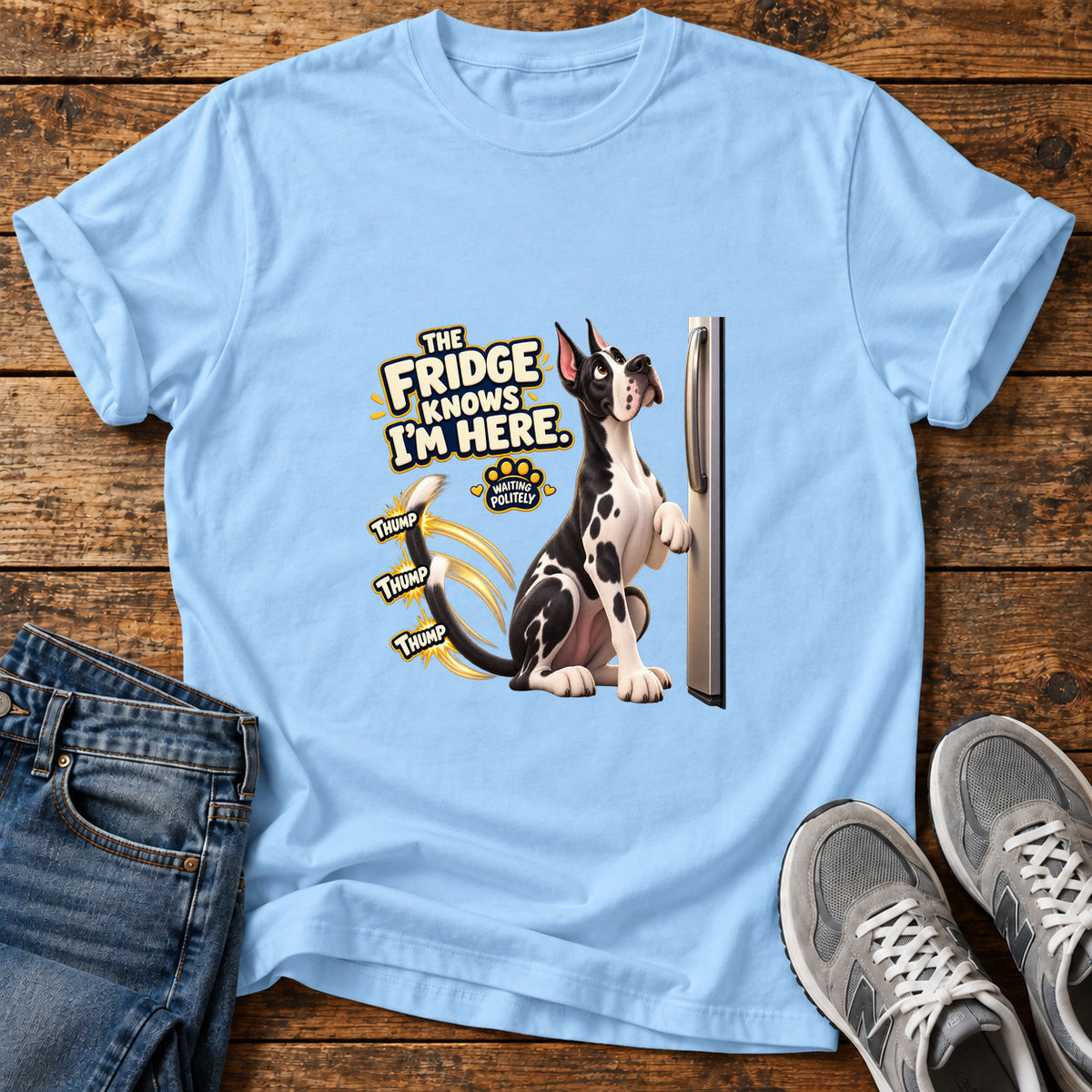 Fridge Knows Great Dane graphic T-shirt in Light Blue, shown on a flat-lay shirt mockup