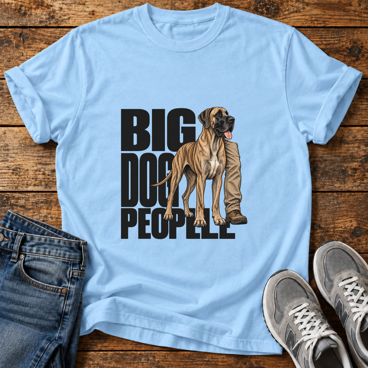 Big Dog People Great Dane graphic T-shirt in Light Blue, shown on a flat-lay shirt mockup