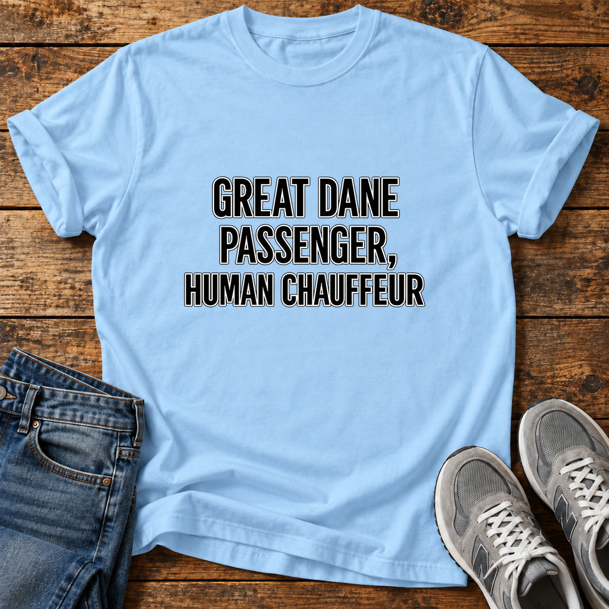 Great Dane Chauffeur graphic T-shirt in Light Blue, shown on a flat-lay shirt mockup