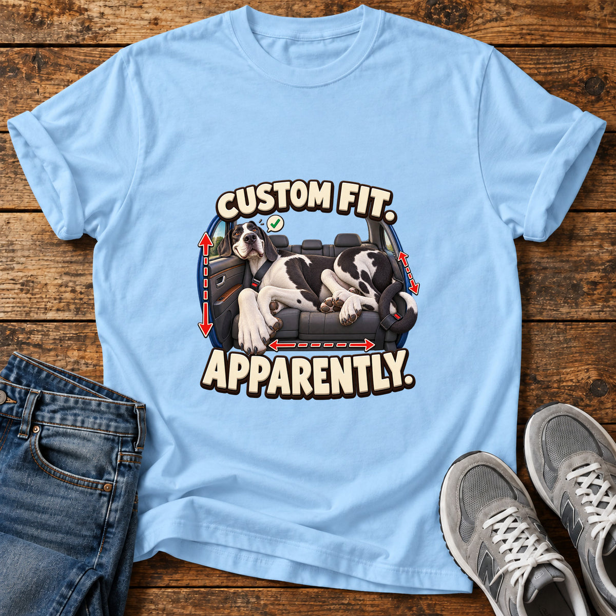 Custom Fit Apparently Great Dane graphic T-shirt in Light Blue, shown on a flat-lay shirt mockup