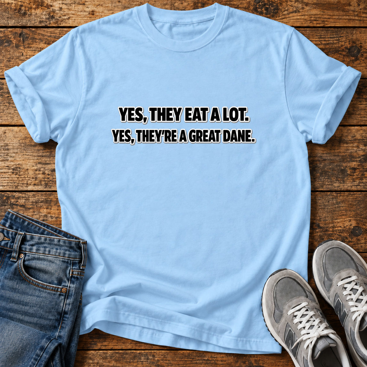 Great Dane Facts graphic T-shirt in Light Blue, shown on a flat-lay shirt mockup