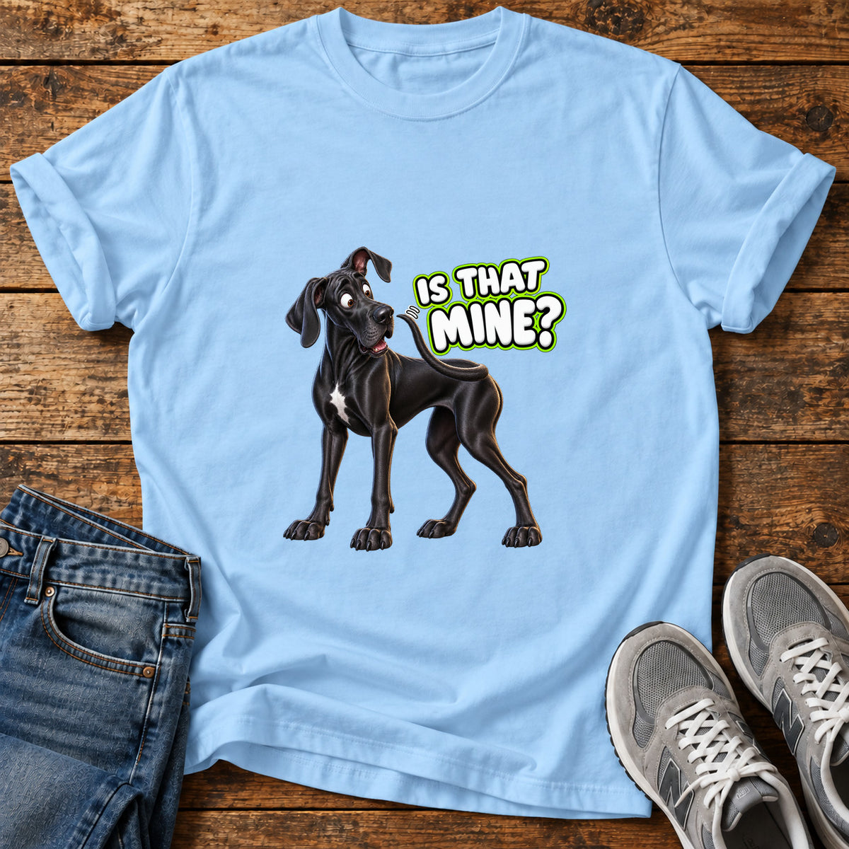 Is That Mine Great Dane graphic T-shirt in Light Blue, shown on a flat-lay shirt mockup