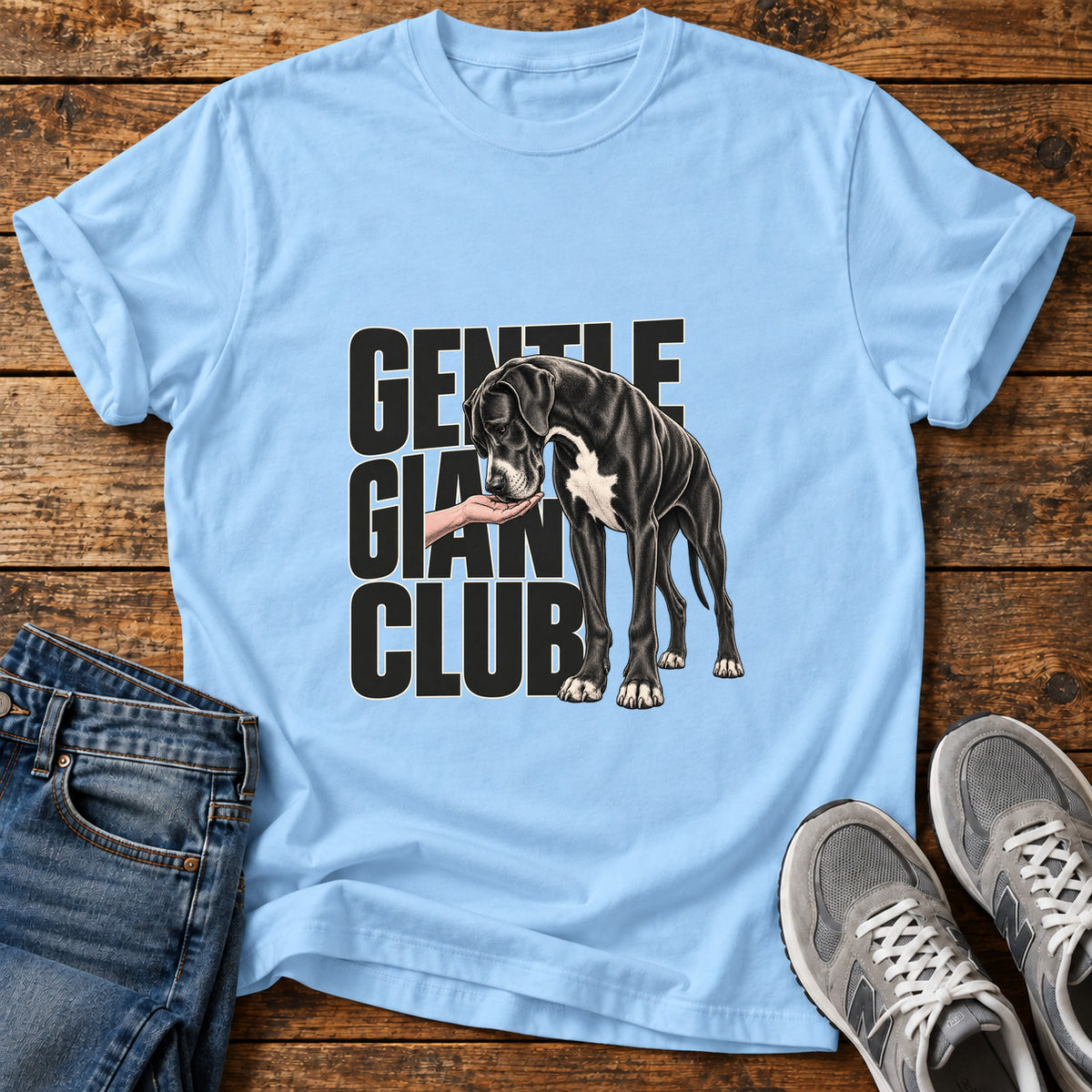 Gentle Giant Club Great Dane graphic T-shirt in Light Blue, shown on a flat-lay shirt mockup