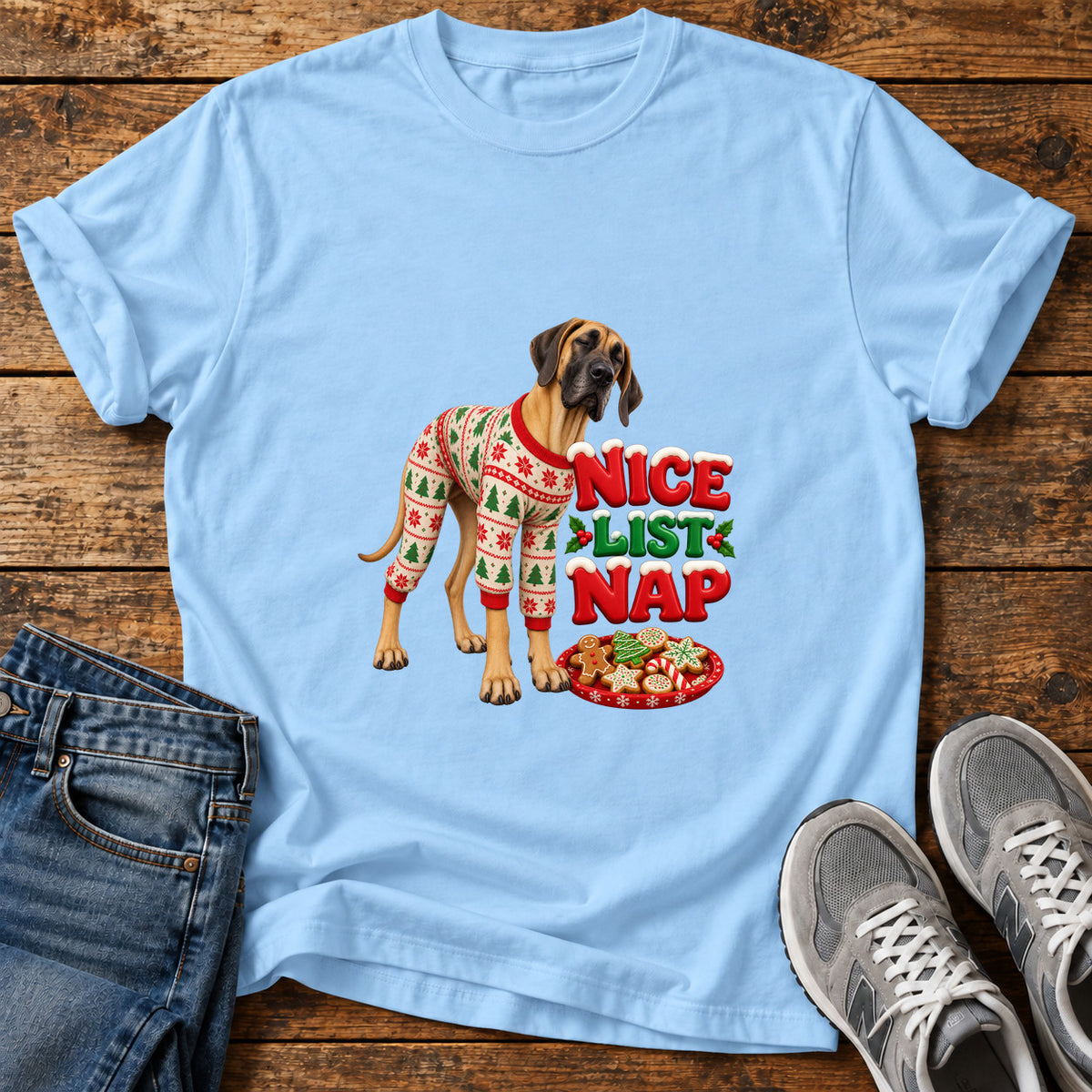Nice List Nap Great Dane graphic T-shirt in Light Blue, shown on a flat-lay shirt mockup