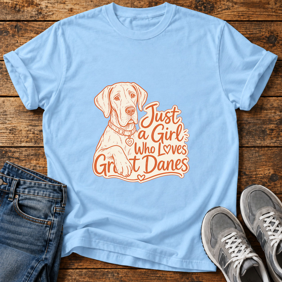 Great Dane Love graphic T-shirt in Light Blue, shown on a flat-lay shirt mockup