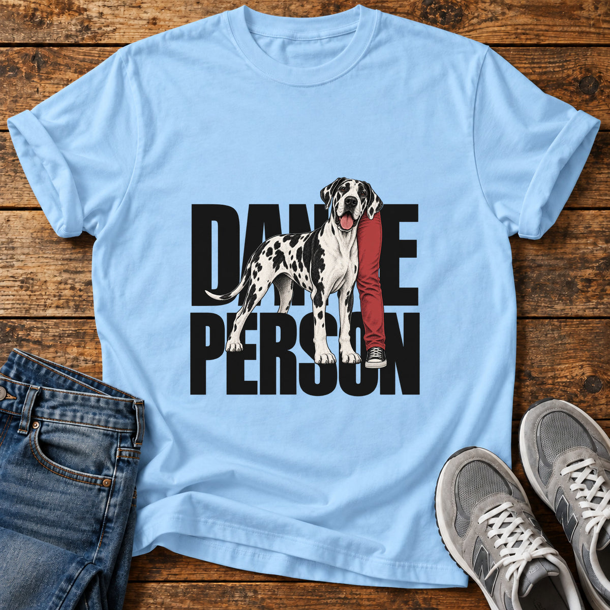 Dane Person Great Dane graphic T-shirt in Light Blue, shown on a flat-lay shirt mockup