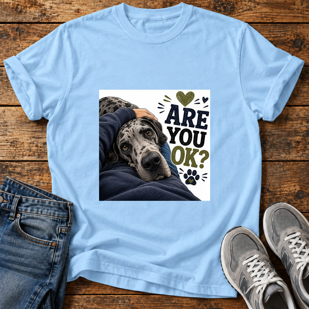 Are You OK Great Dane graphic T-shirt in Light Blue, shown on a flat-lay shirt mockup