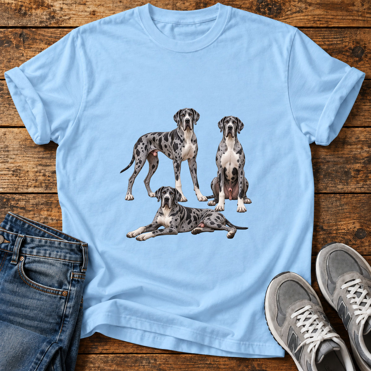Great Dane Trio graphic T-shirt in Light Blue, shown on a flat-lay shirt mockup