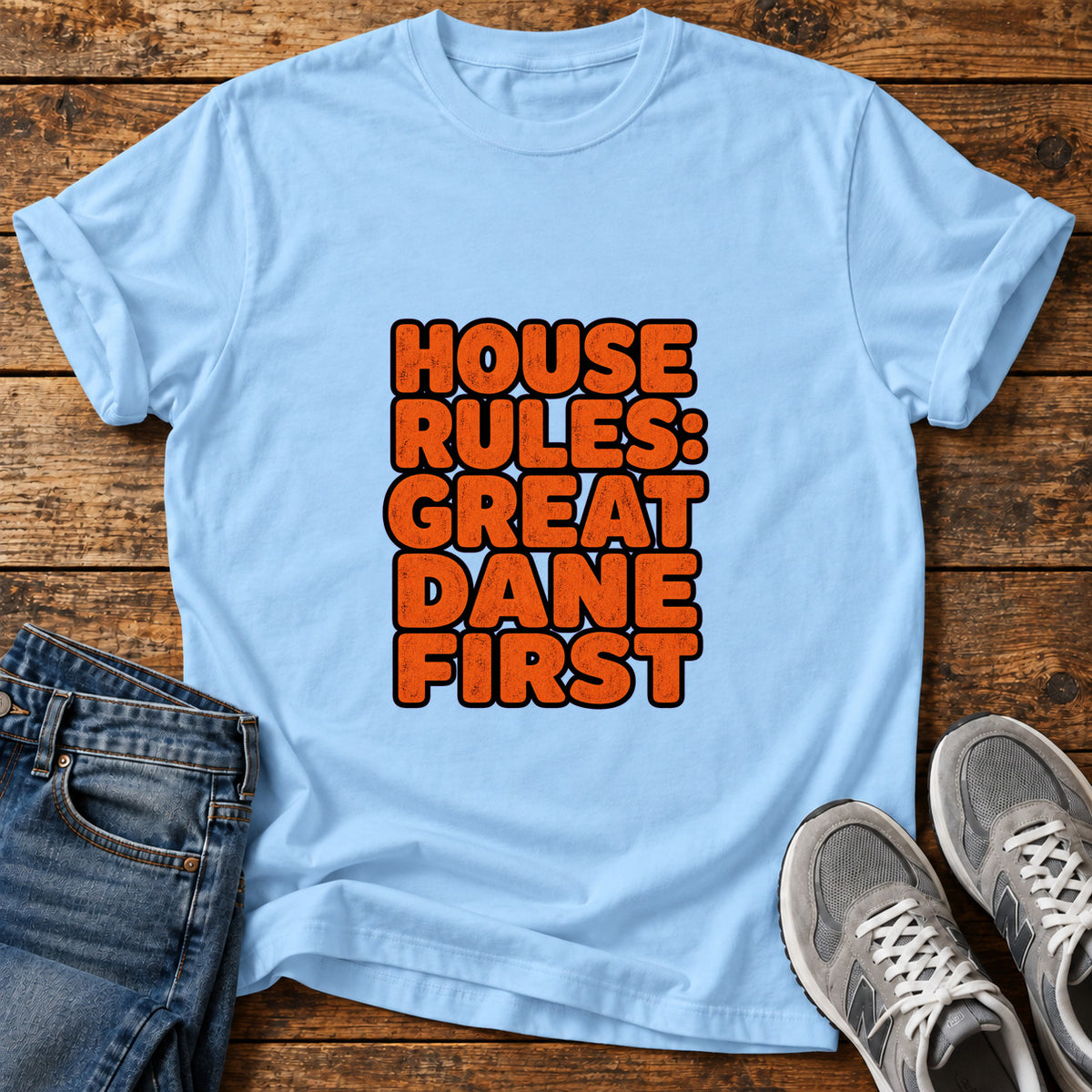 Great Dane Rules graphic T-shirt in Light Blue, shown on a flat-lay shirt mockup