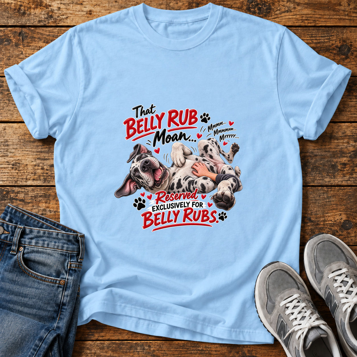 Belly Rub Delight Great Dane graphic T-shirt in Light Blue, shown on a flat-lay shirt mockup