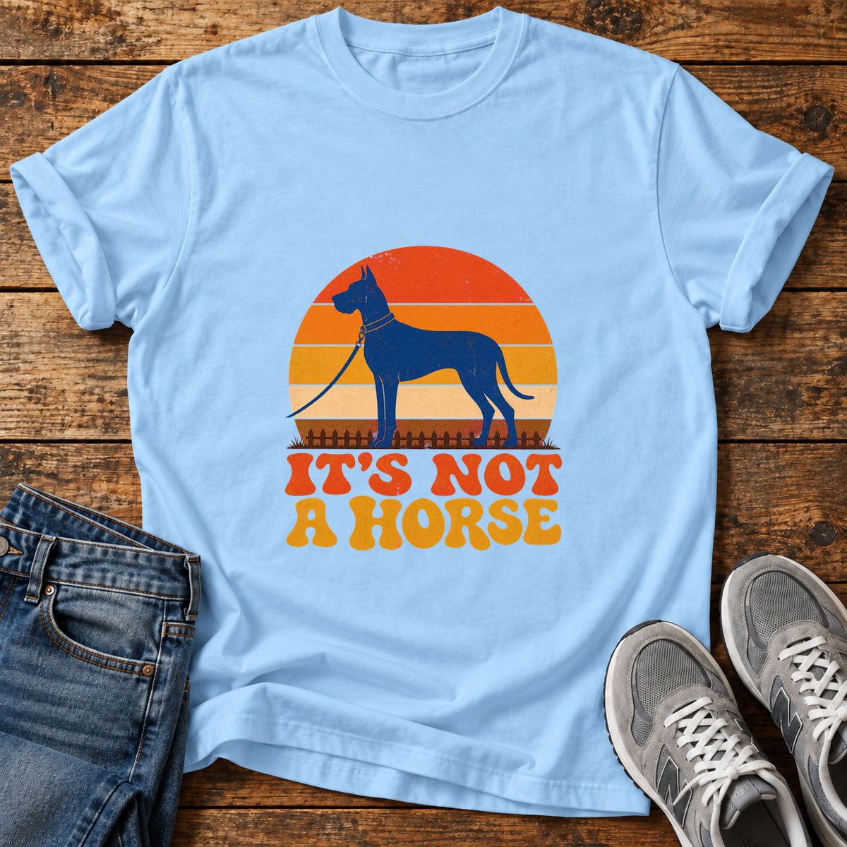 It's Not Horse Great Dane graphic T-shirt in Light Blue, shown on a flat-lay shirt mockup