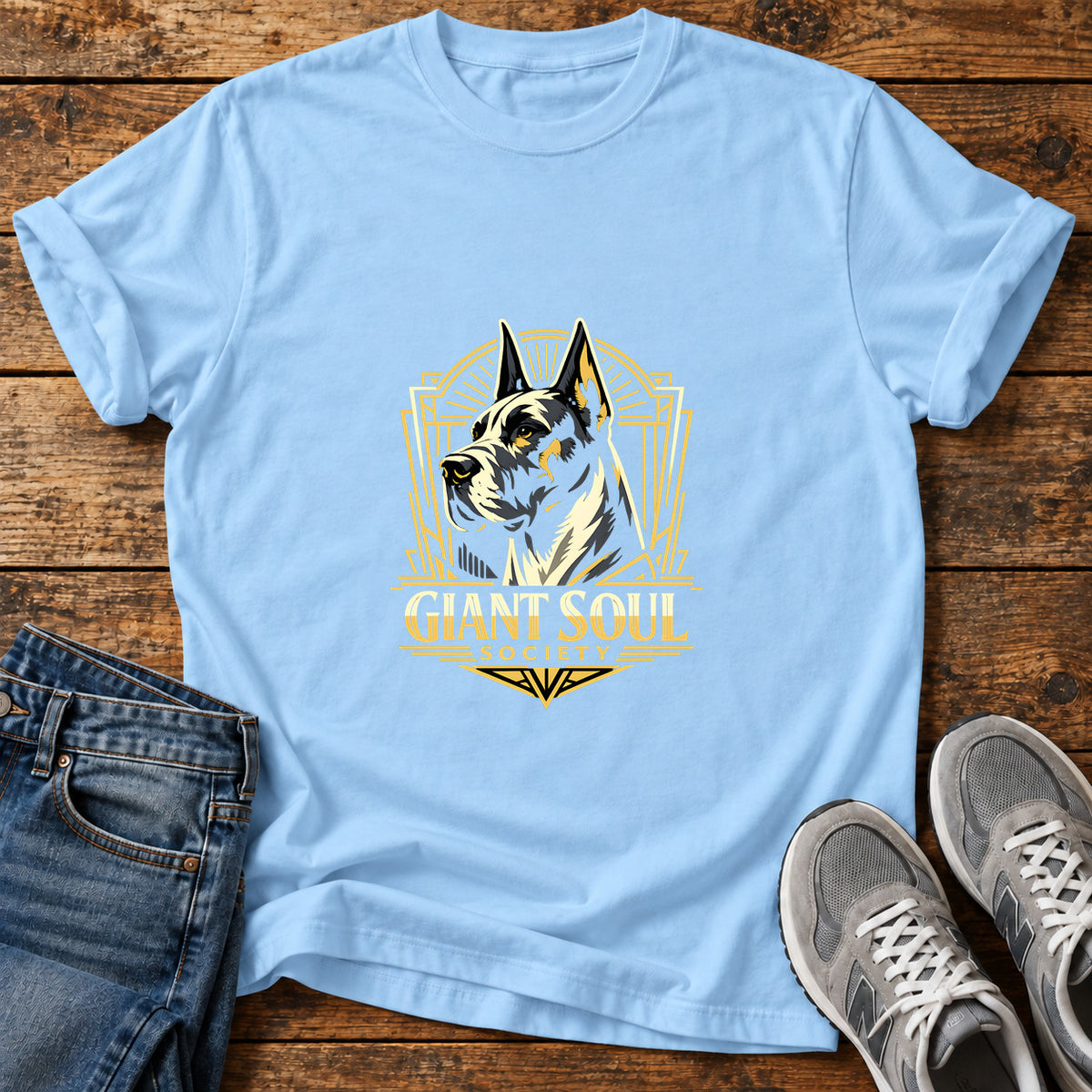 Giant Soul Society Great Dane graphic T-shirt in Light Blue, shown on a flat-lay shirt mockup