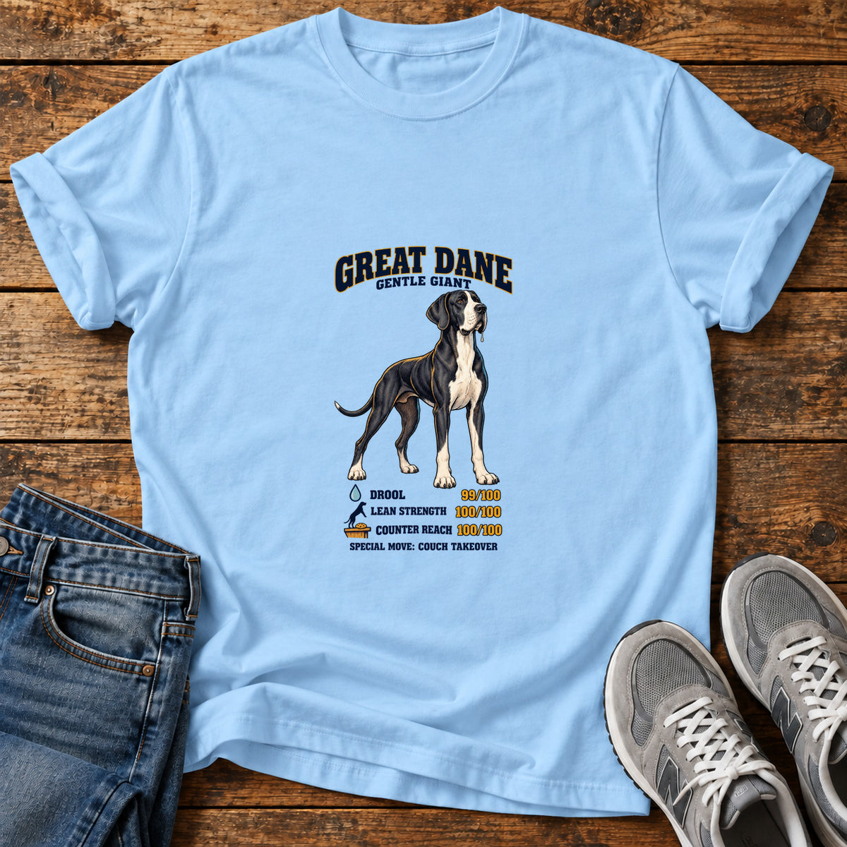 Great Dane Giant graphic T-shirt in Light Blue, shown on a flat-lay shirt mockup