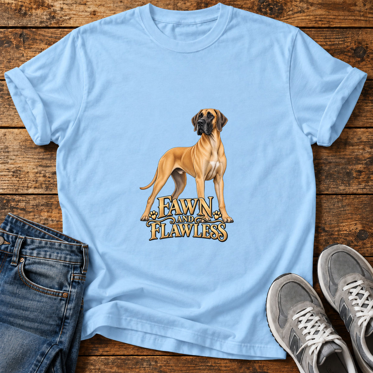 Fawn and Flawless Great Dane graphic T-shirt in Light Blue, shown on a flat-lay shirt mockup