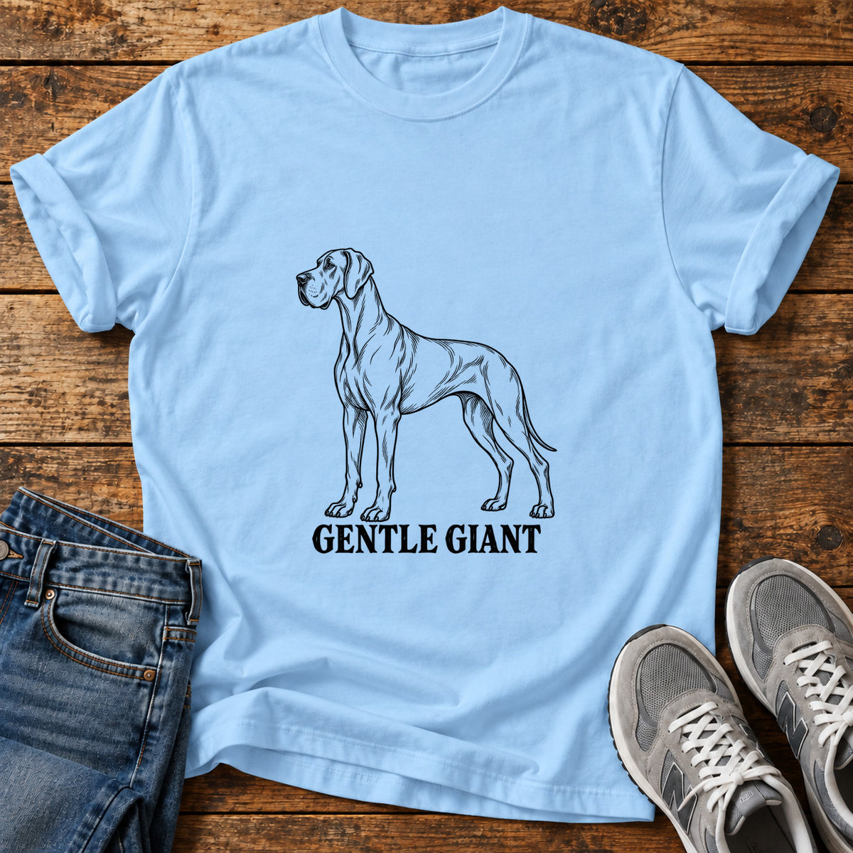 Gentle Giant Great Dane graphic T-shirt in Light Blue, shown on a flat-lay shirt mockup