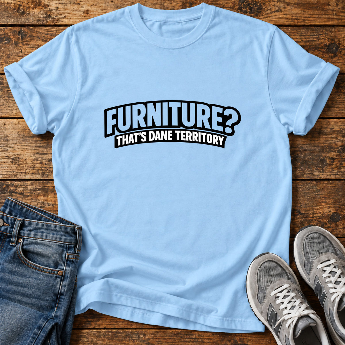Furniture Dane Territory Great Dane graphic T-shirt in Light Blue, shown on a flat-lay shirt mockup