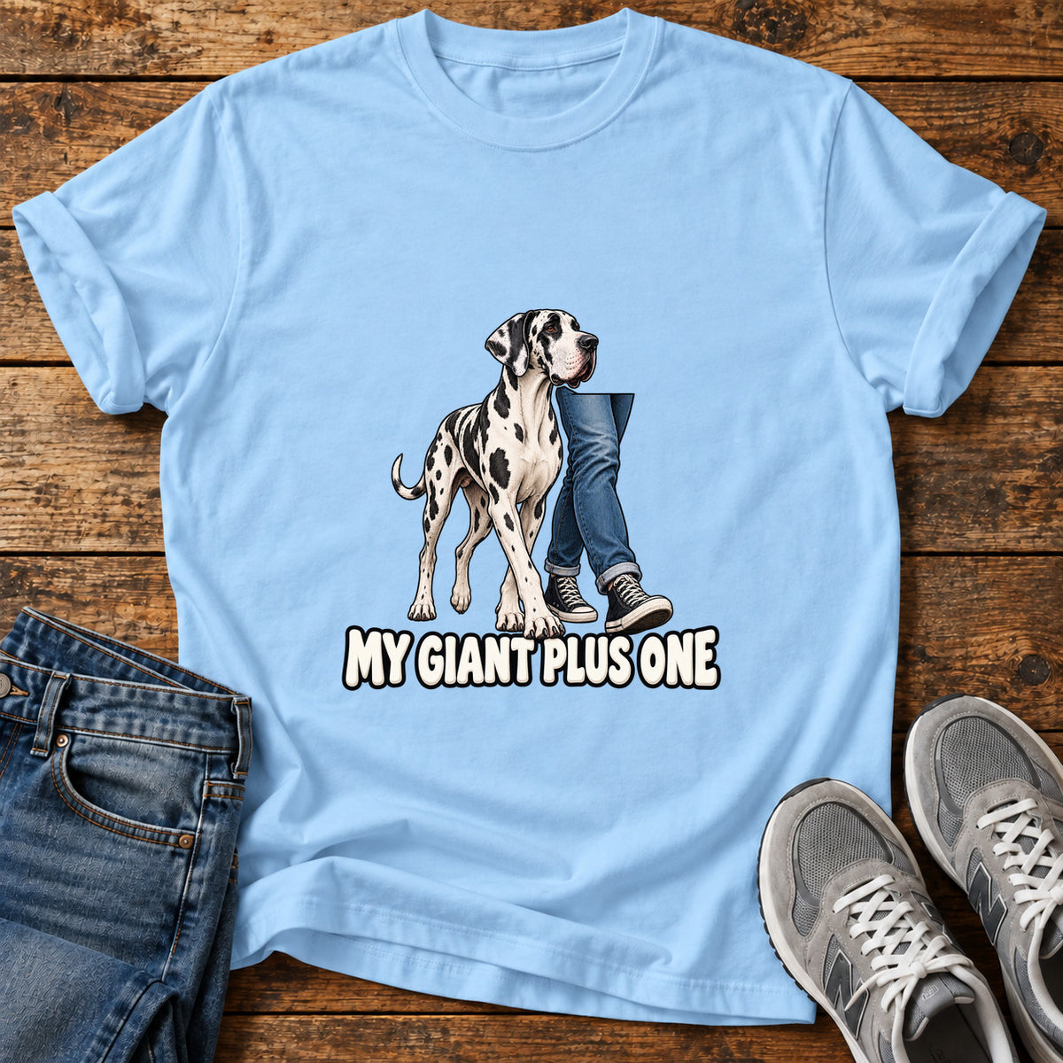 My Giant Plus Great Dane graphic T-shirt in Light Blue, shown on a flat-lay shirt mockup