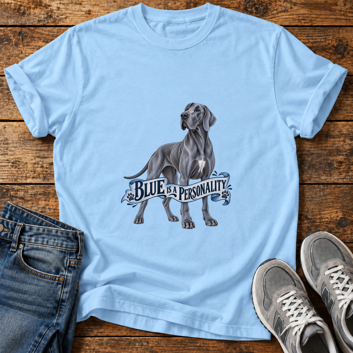 Blue Personality Great Dane graphic T-shirt in Light Blue, shown on a flat-lay shirt mockup
