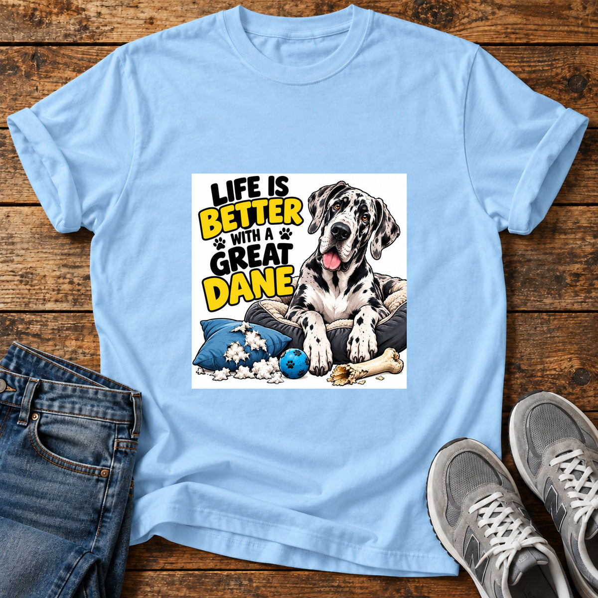 Great Dane Life graphic T-shirt in Light Blue, shown on a flat-lay shirt mockup