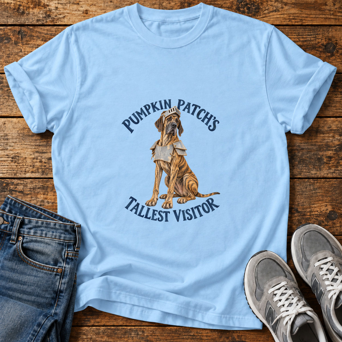 Pumpkin Visitor Great Dane graphic T-shirt in Light Blue, shown on a flat-lay shirt mockup