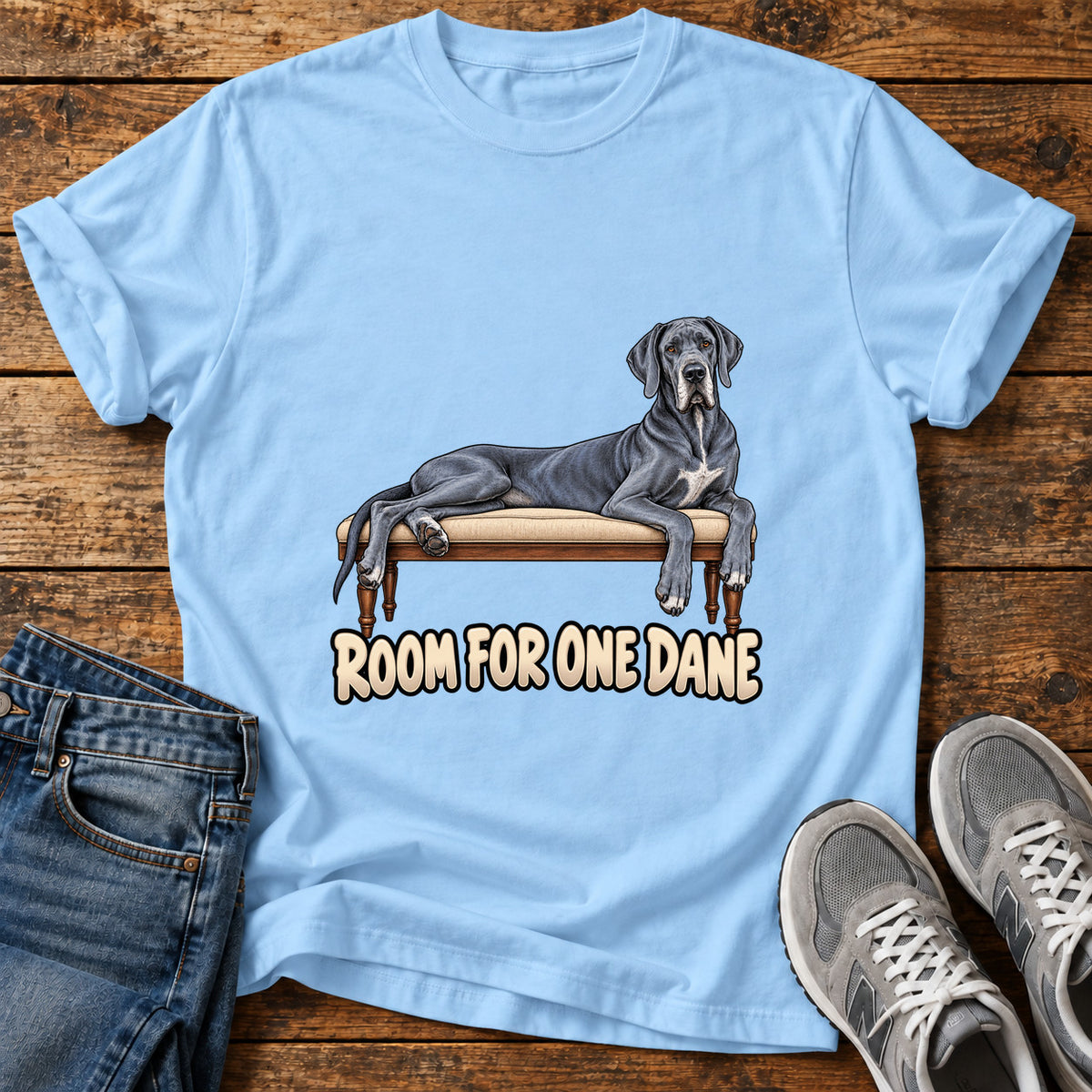 Room For Dane Great Dane graphic T-shirt in Light Blue, shown on a flat-lay shirt mockup
