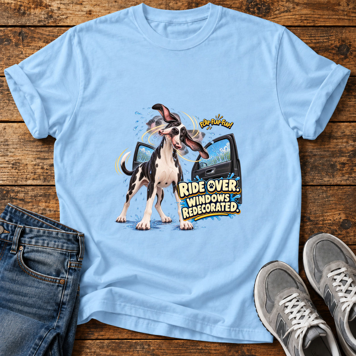 Windows Redecorated Great Dane graphic T-shirt in Light Blue, shown on a flat-lay shirt mockup