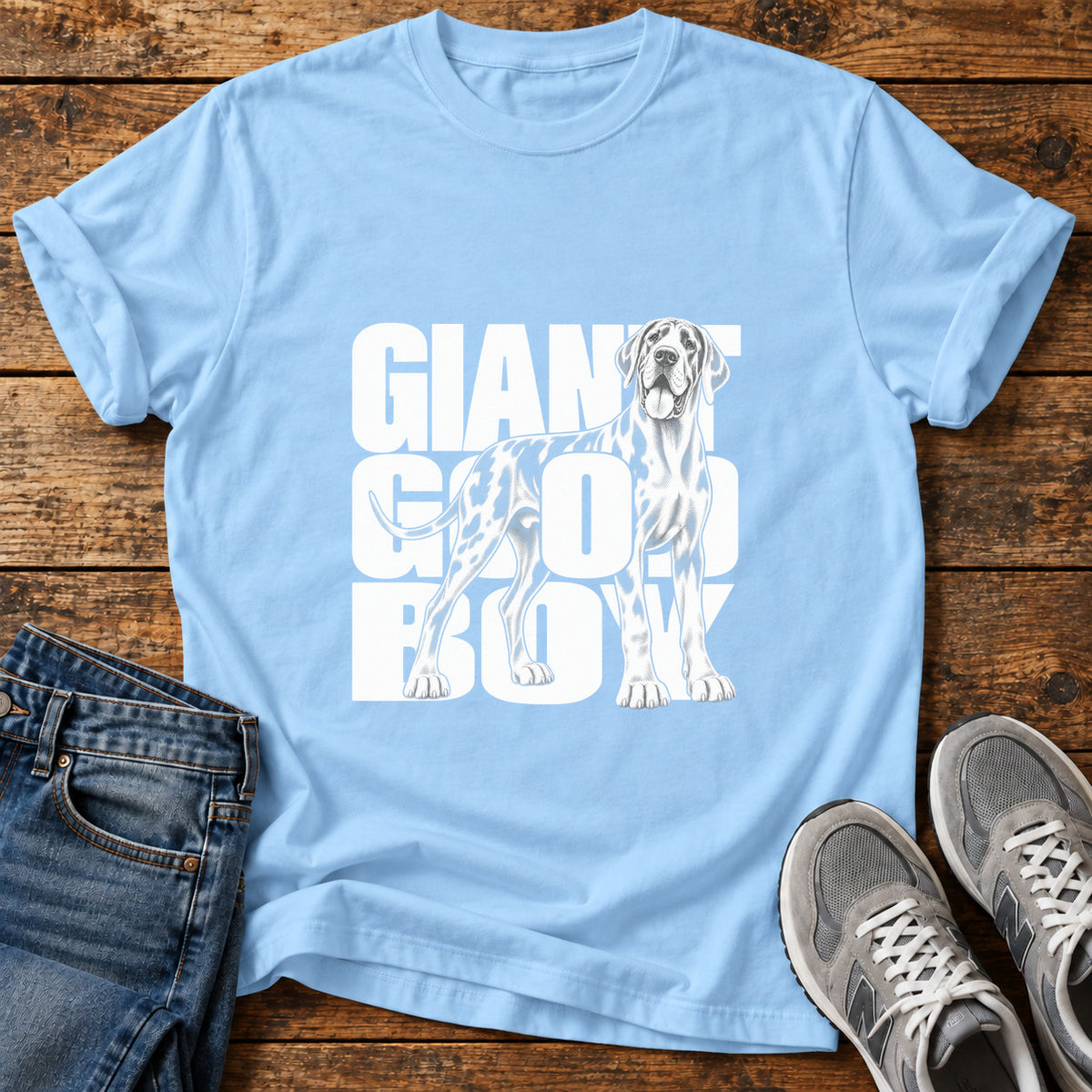 Giant Good Boy Great Dane graphic T-shirt in Light Blue, shown on a flat-lay shirt mockup