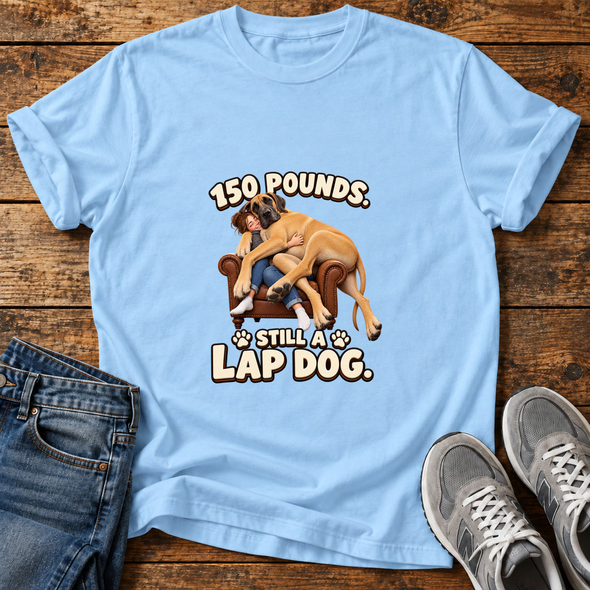 Lap Dog Life Great Dane graphic T-shirt in Light Blue, shown on a flat-lay shirt mockup
