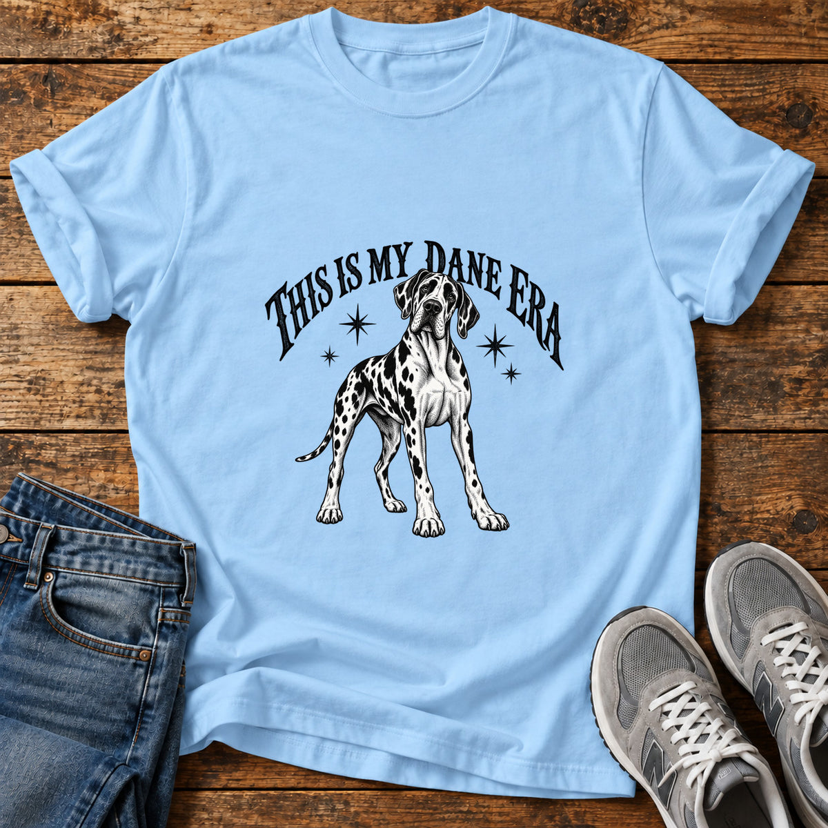 My Dane Era Great Dane graphic T-shirt in Light Blue, shown on a flat-lay shirt mockup