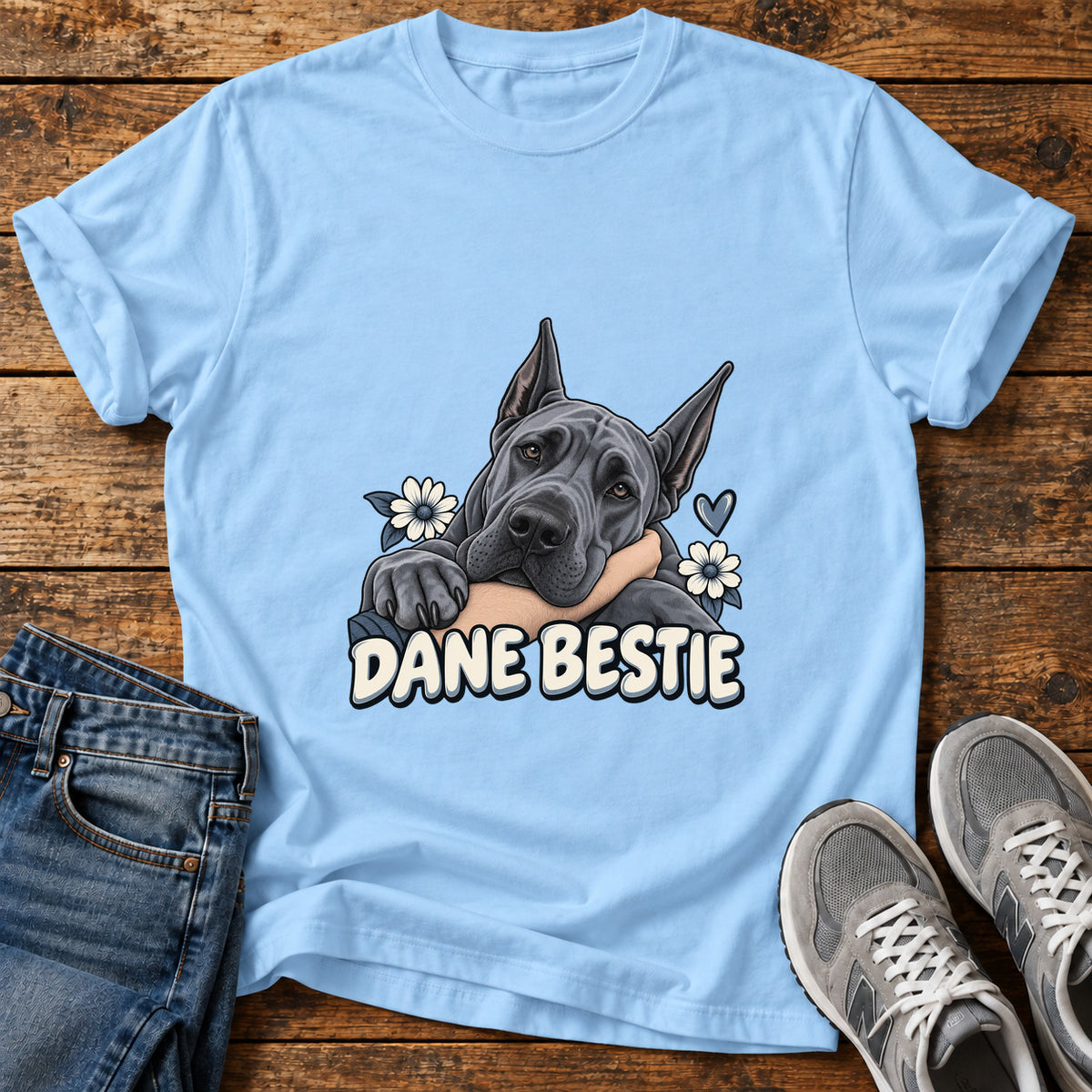 Dane Bestie Great Dane graphic T-shirt in Light Blue, shown on a flat-lay shirt mockup